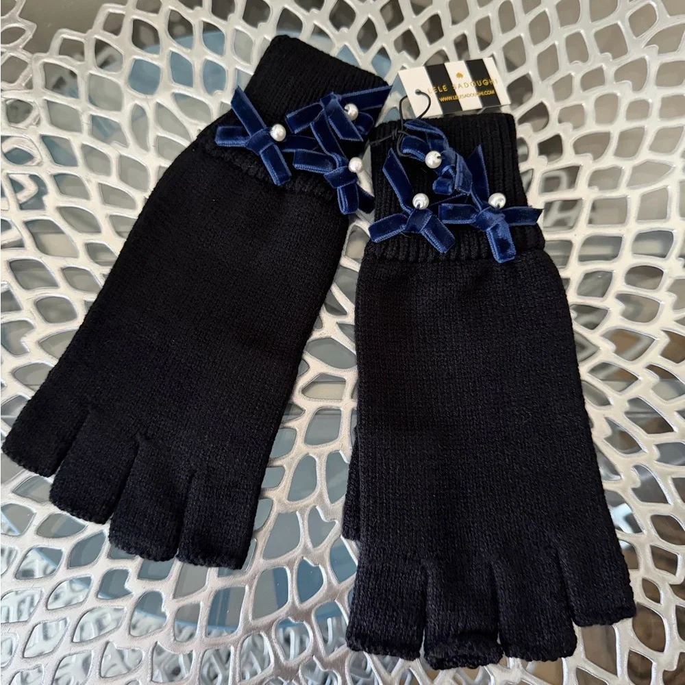 Lele Sadoughi Black Bow Embellished Fingerless Knit Gloves NWT